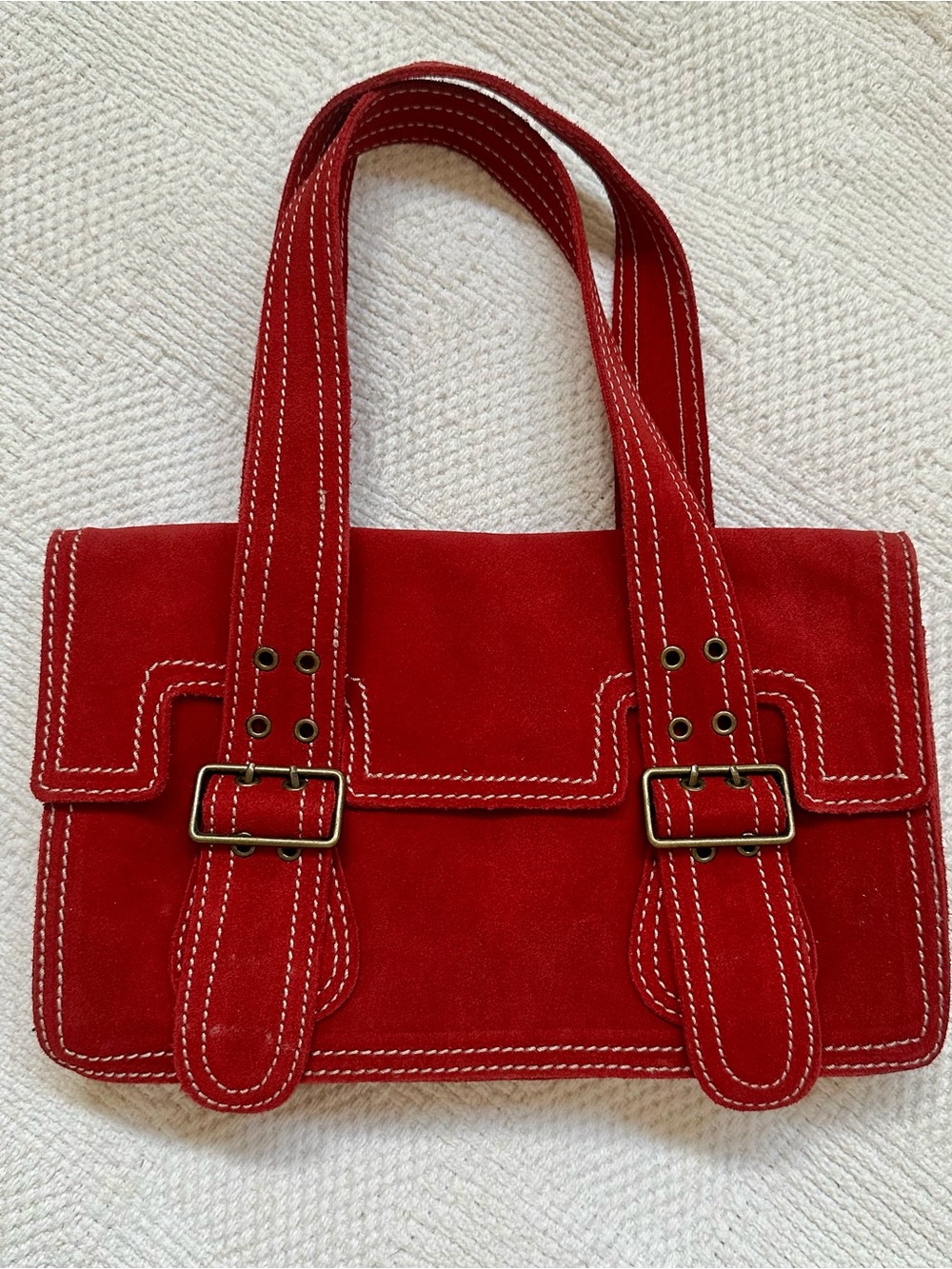 Cynthia Rowley Red Suede Shoulder Bag with White Contrast Stitching NEW